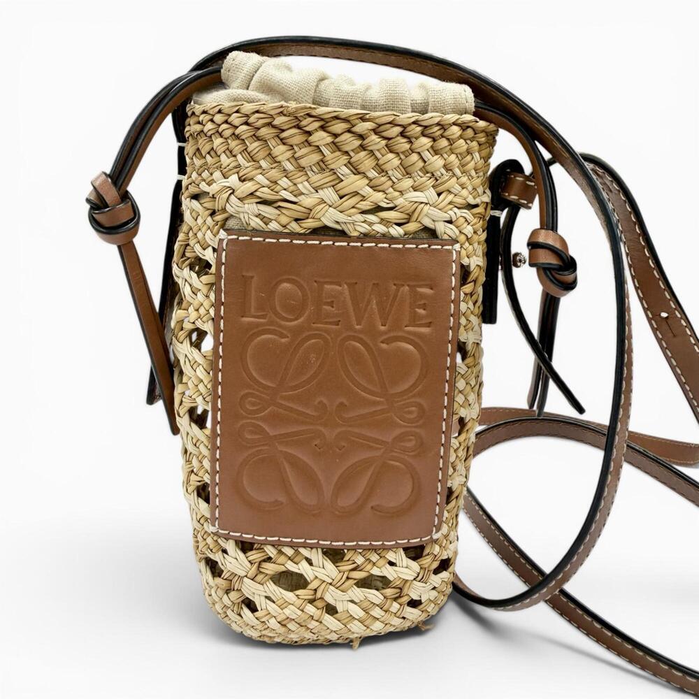 Loewe Natural Straw and Brown Leather Crossbody Bag